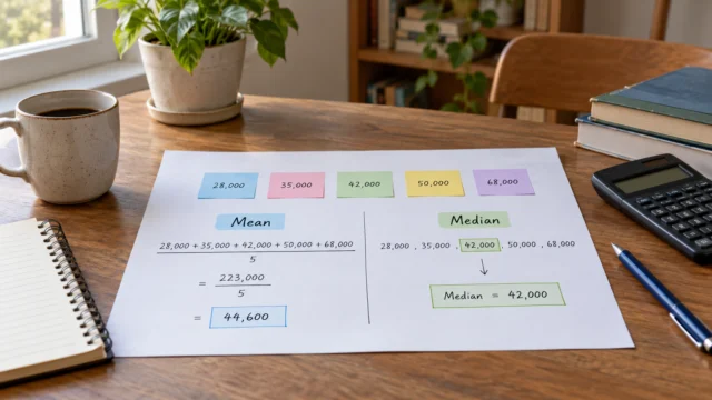 A clear educational worksheet showing five fictional income values with separate mean and median calculations, no real household data