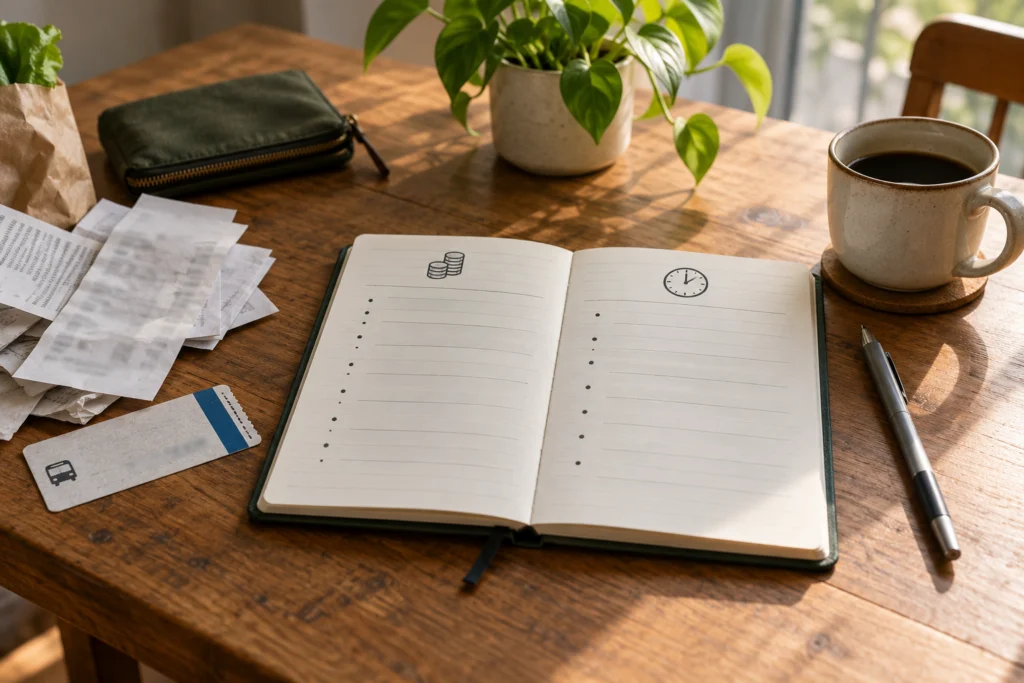 A simple diary with separate money and time columns beside a transit ticket and household receipts, no private details