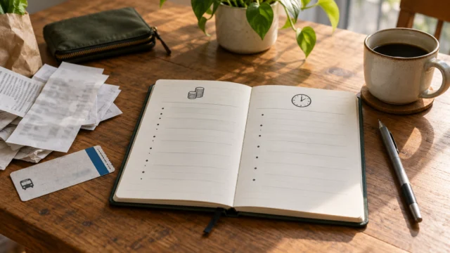 A simple diary with separate money and time columns beside a transit ticket and household receipts, no private details