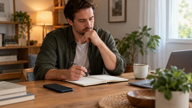 An adult reviewing notification and spending boundaries beside a phone placed face down, neutral home desk without casino graphics