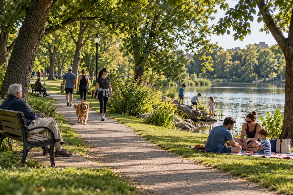 A well-used neighbourhood park with walking paths, seating and families enjoying simple activities without commercial attractions