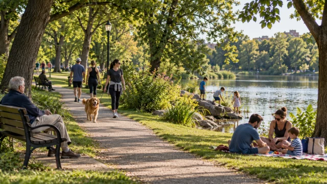 A well-used neighbourhood park with walking paths, seating and families enjoying simple activities without commercial attractions