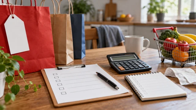 A generic sale advertisement beside a checklist of baseline, quantity and final cost, calculator and simple shopping notes