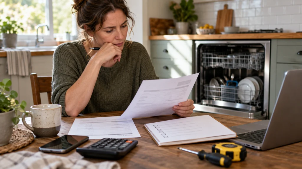 A household repair decision table with a generic repair quote, replacement checklist and an ordinary appliance in the background