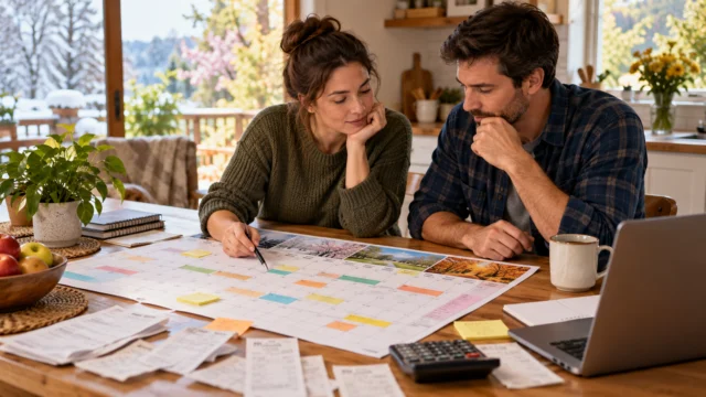 A year-long household cash calendar showing seasonal income periods and steady bill commitments, no employer names