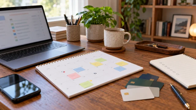 A subscription renewal calendar with actual-use notes and a few generic service cards, no company logos