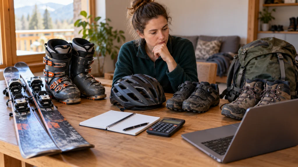 A neutral second-hand sports equipment comparison with condition notes, fitting questions and a calculator, no safety guarantees