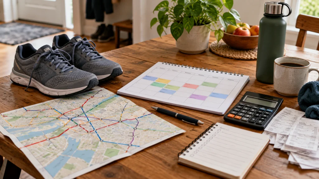 A household activity-cost worksheet with sports shoes, a transit map and a calendar showing realistic weekly visits