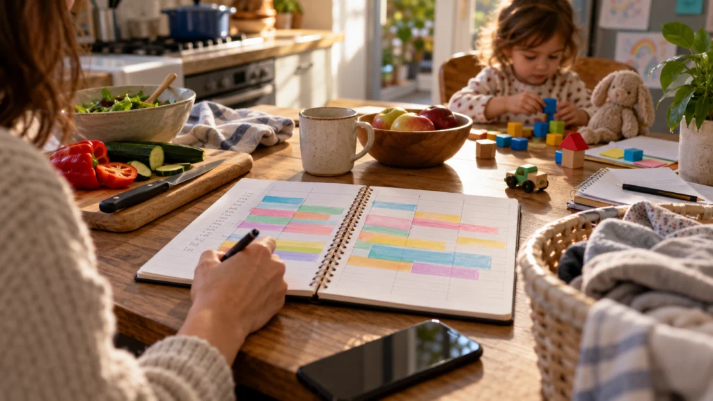 A household time-use notebook showing meal preparation, care and planning tasks with overlapping periods clearly marked