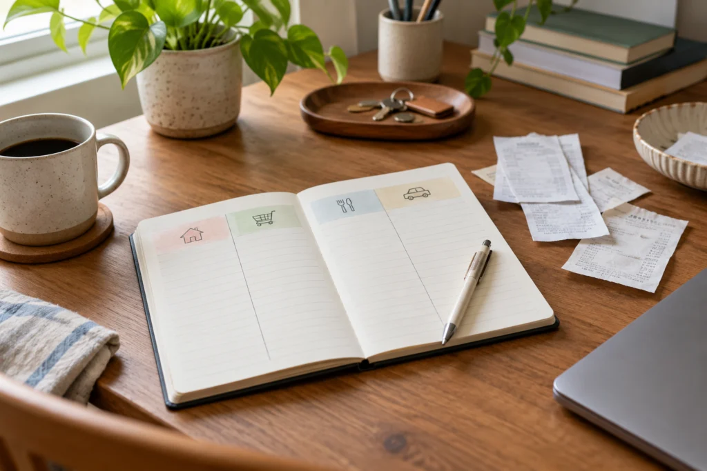 A simple monthly expense notebook with a few clear categories and a small set of receipts, uncluttered home desk
