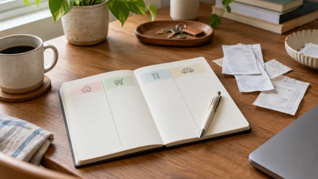 A simple monthly expense notebook with a few clear categories and a small set of receipts, uncluttered home desk