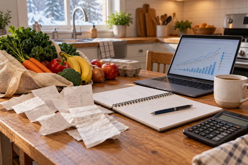 Grocery receipts beside a unit-price notebook and a generic index chart, ordinary Canadian kitchen setting without brand labels