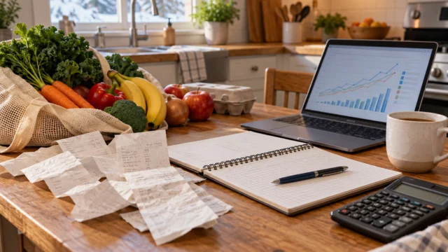 Grocery receipts beside a unit-price notebook and a generic index chart, ordinary Canadian kitchen setting without brand labels