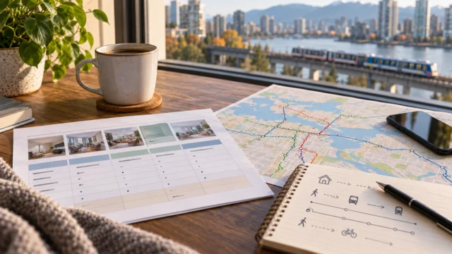 A rental comparison worksheet beside a transit route map with door-to-door travel notes and no property advertising